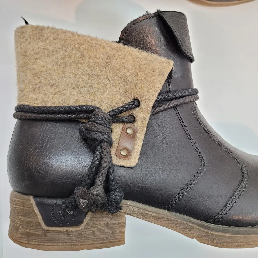 Rieker Ankle Boots Womens 9.5 Black Leather Wool Trim Side Zip 79693-00
